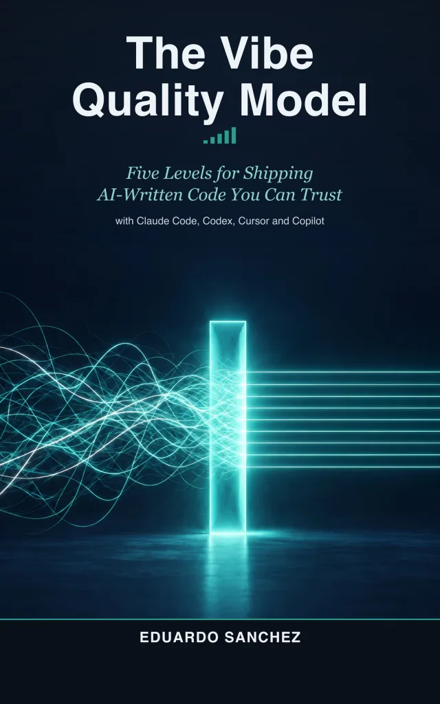 Cover of The Vibe Quality Model: Five Levels for Shipping AI-Written Code You Can Trust, by Eduardo Sanchez. Tangled strands of light pass through a glowing gate and leave as straight parallel lines.